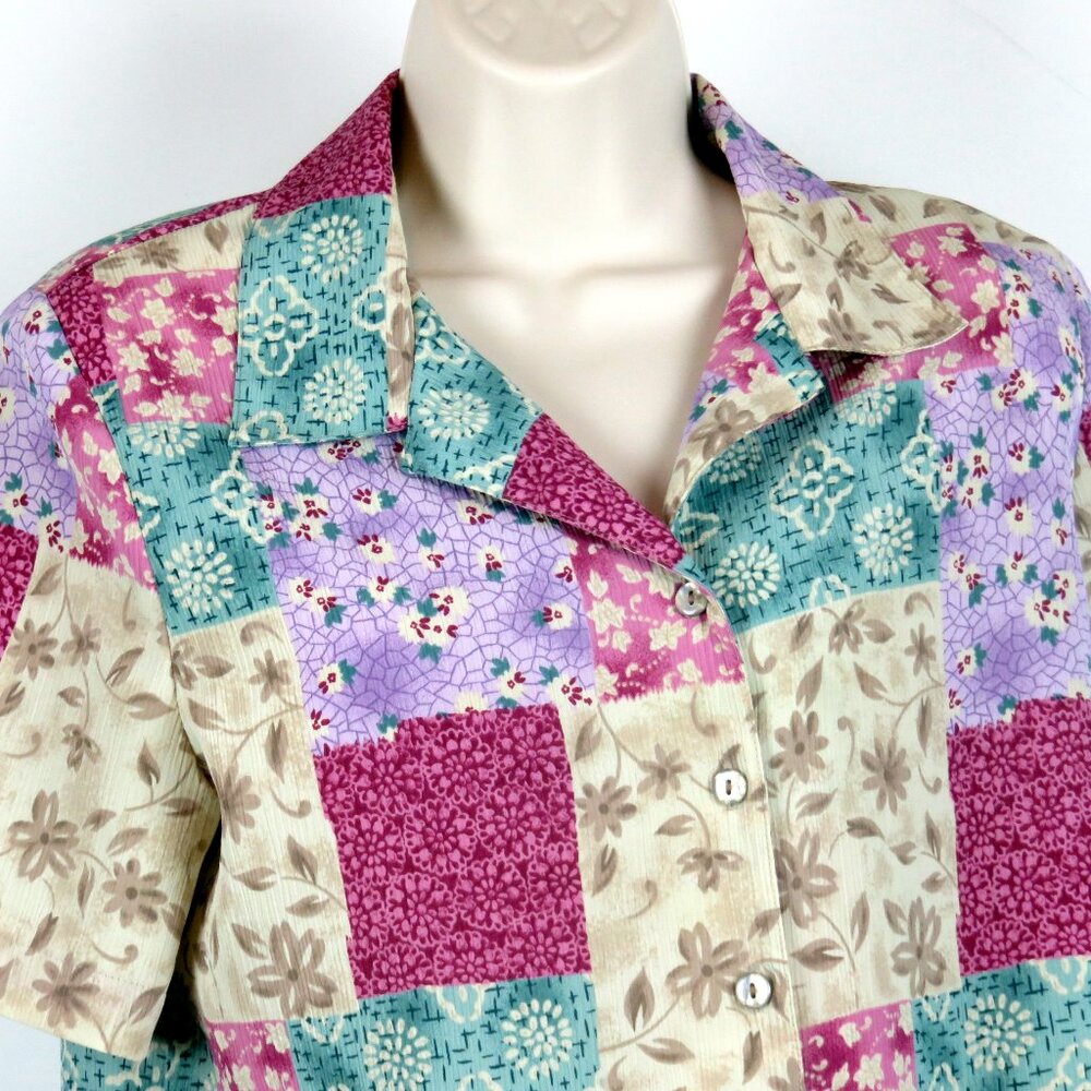 Allison Daley Petites Shirt Sz 8P Patchwork Quilt Button Up Shoulder Pads Slits